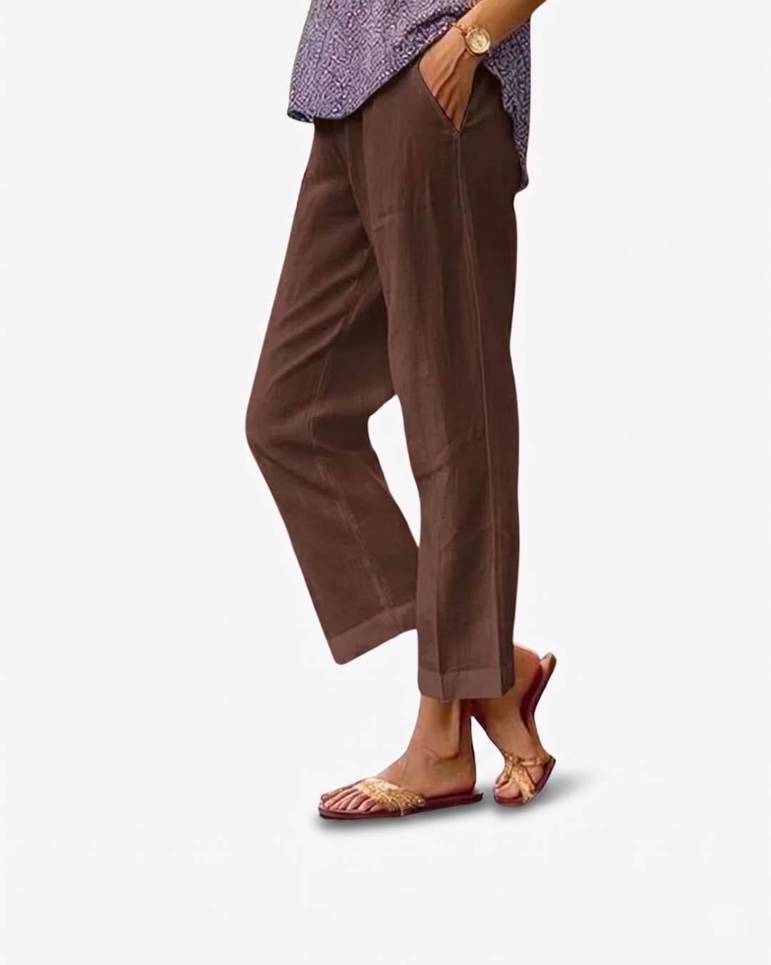 EliseMode Dames Linnen Broek Getailleerd Cropped in Bruin