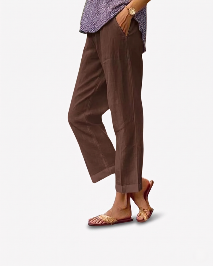 EliseMode Dames Linnen Broek Getailleerd Cropped in Bruin