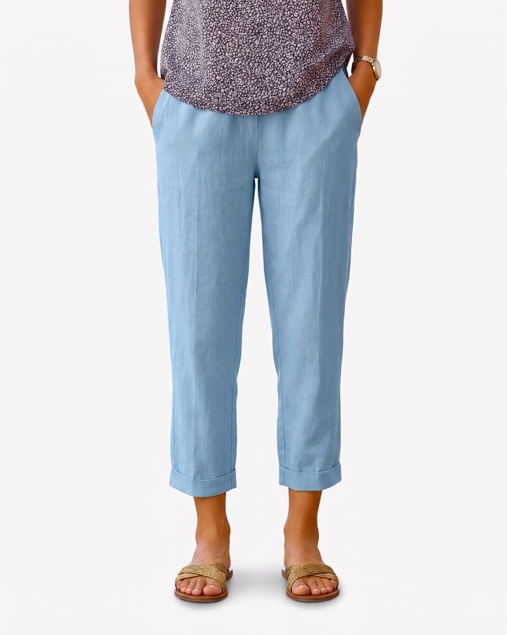 EliseMode Dames Linnen Broek Getailleerd Cropped in Blauw