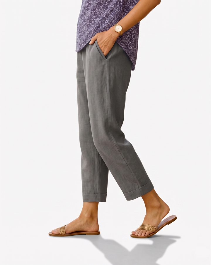 EliseMode Dames Linnen Broek Getailleerd Cropped in Grijs