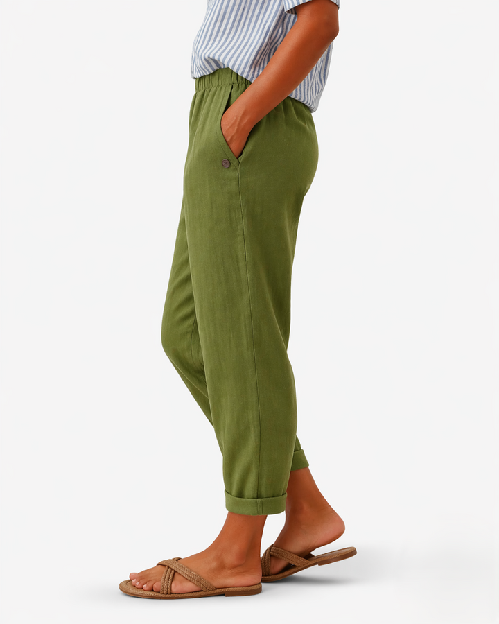 EliseMode Dames Tapered Broek Elastische Taille in Groen