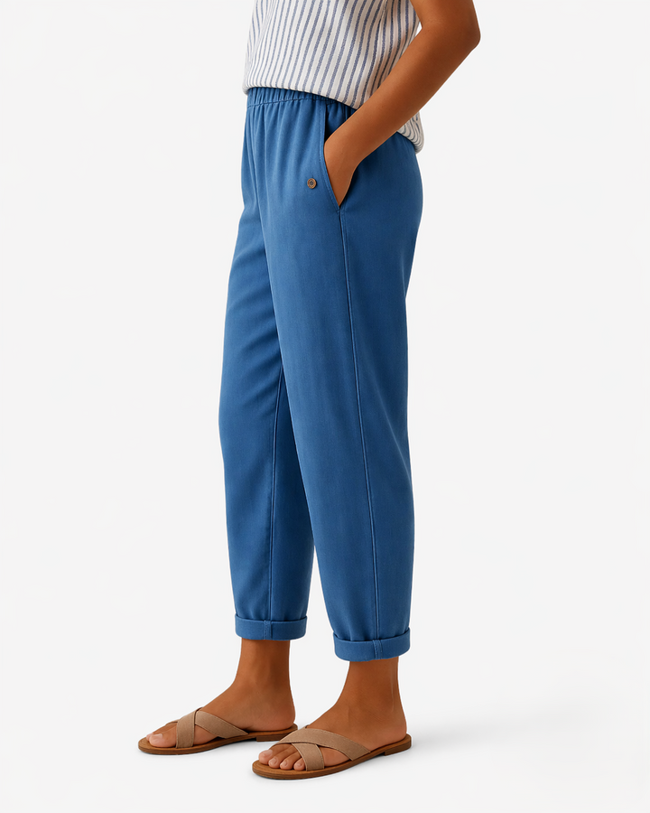 EliseMode Dames Tapered Broek Elastische Taille in Blauw