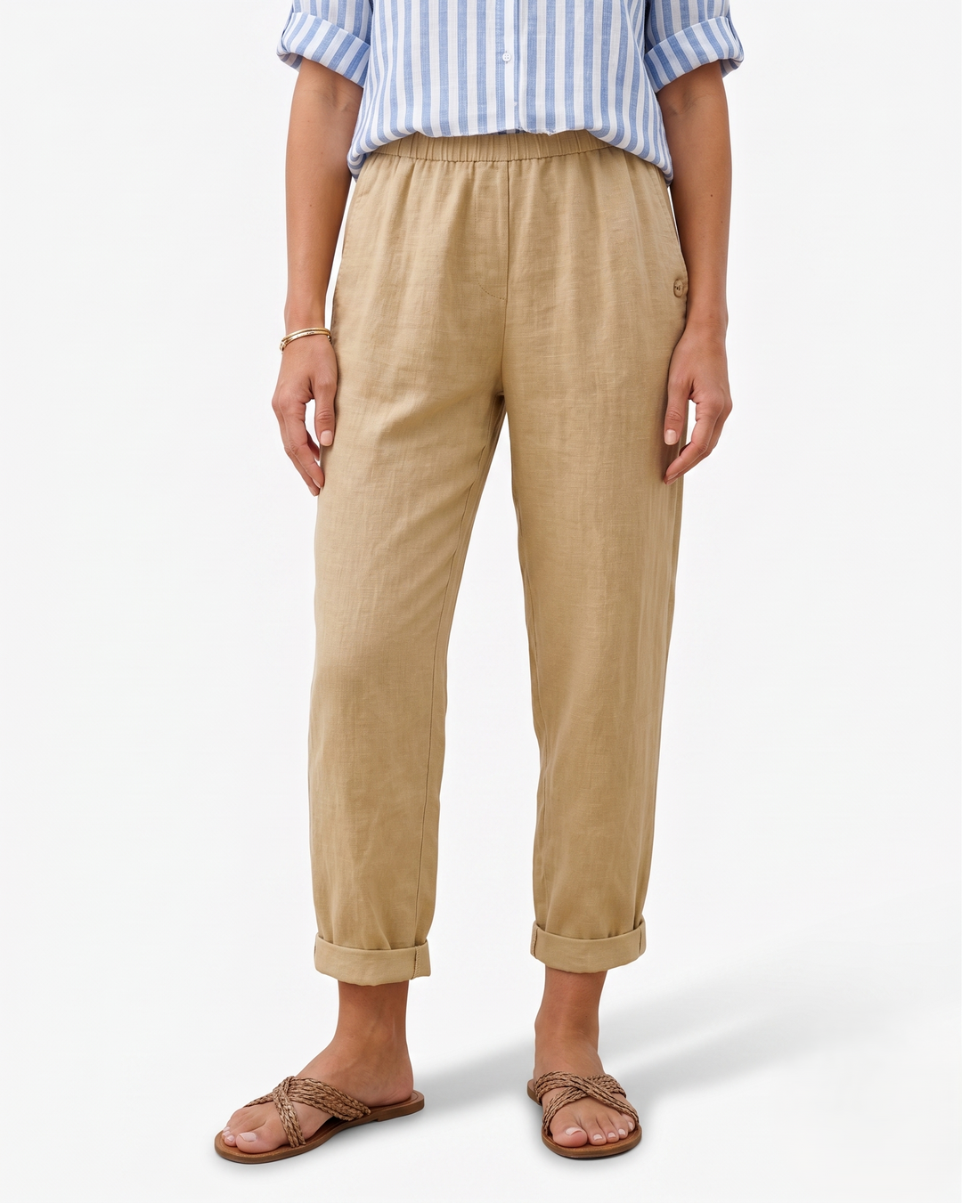 EliseMode Dames Tapered Broek Elastische Taille in Beige