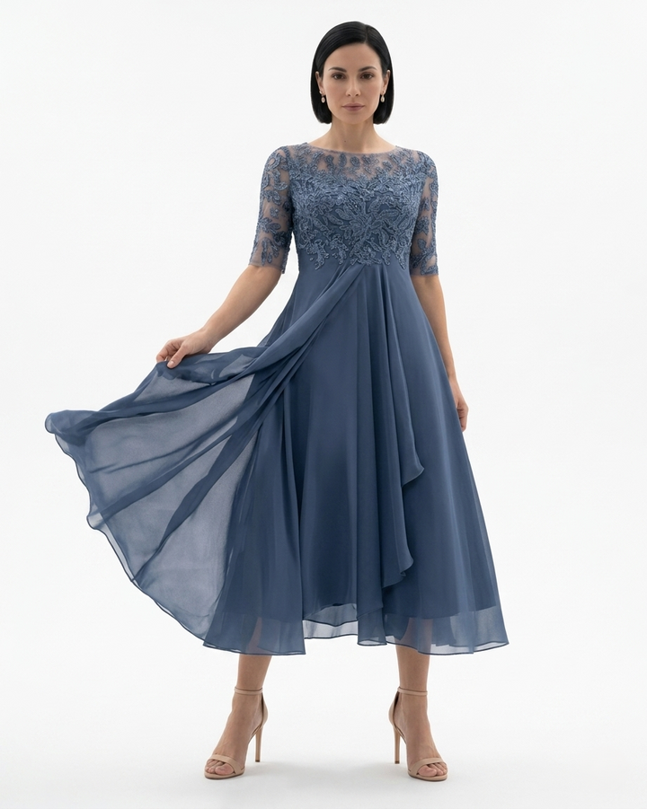 Elise Mode Kant Chiffon Midi Jurk in Blue