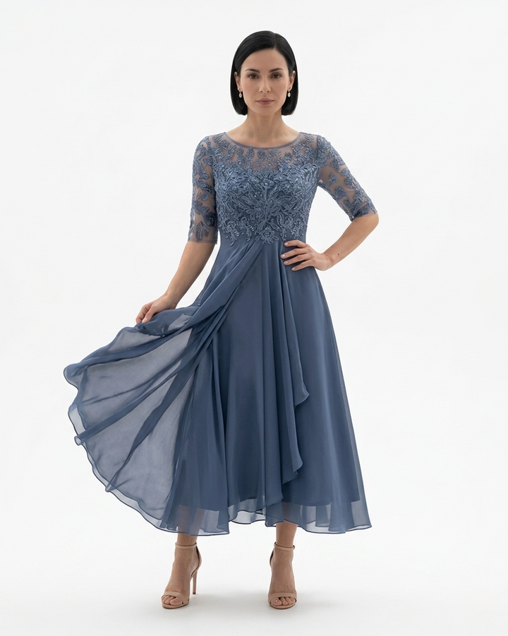 Elise Mode Kant Chiffon Midi Jurk