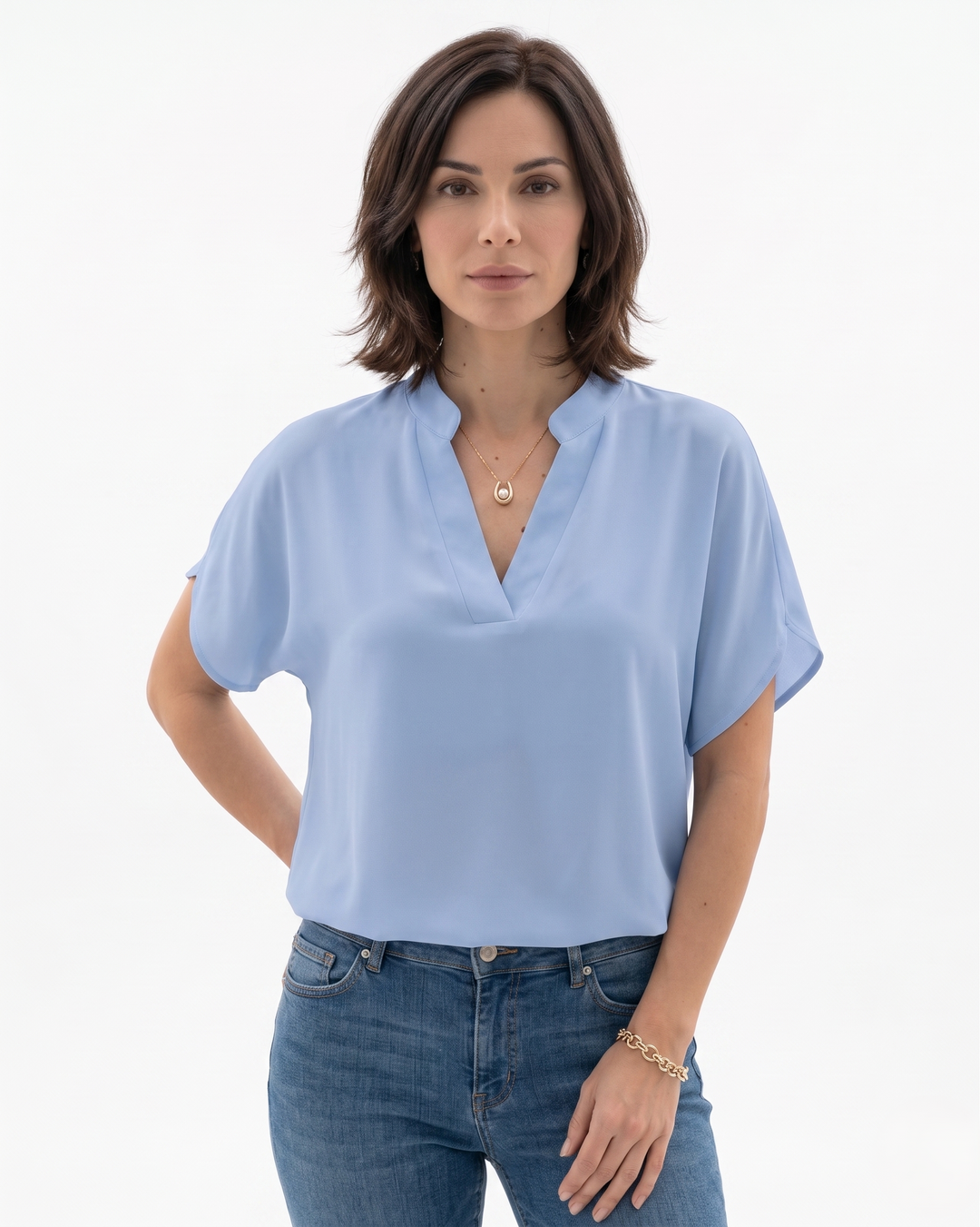 Elise Mode Dames Crêpe Blouse Vloeiend in Blauw