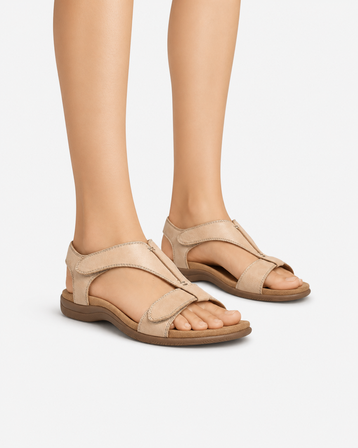 EliseMode Dames Leren Comfort Sandalen Verstelbare Bandjes in Beige