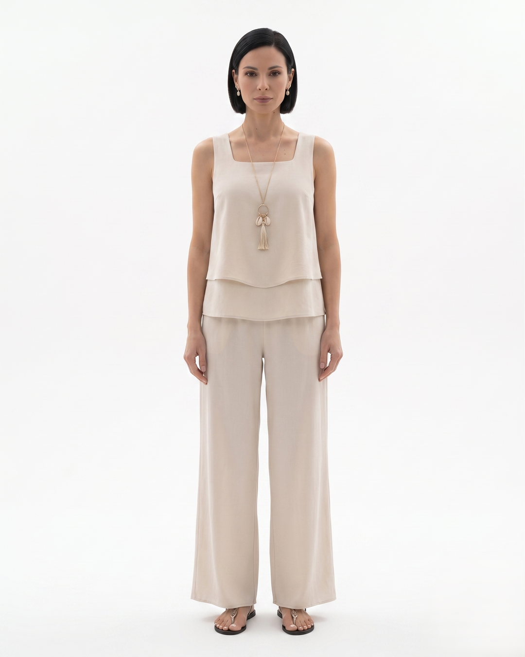 Elise Mode Dames Mouwloze Set Relaxed Fit in Beige
