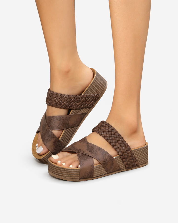 EliseMode Dames Platform Sandalen Gevlochten Bandjes in Bruin