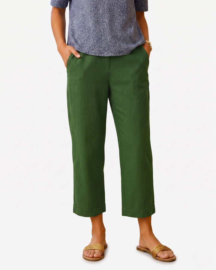 EliseMode Dames Linnen Broek Getailleerd Cropped in Groen