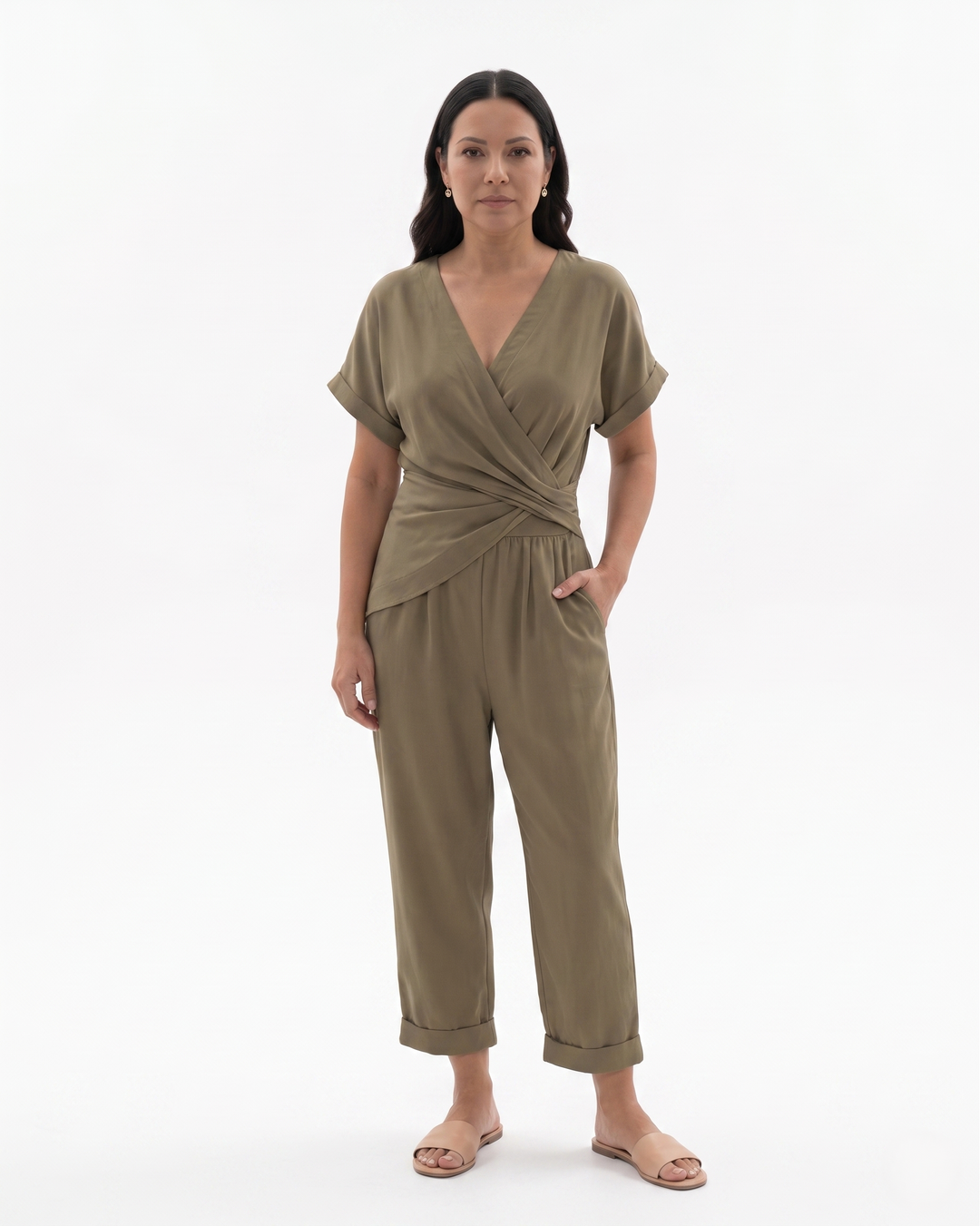 Elise Mode Dames Wikkel Set Relaxed Fit in Khaki