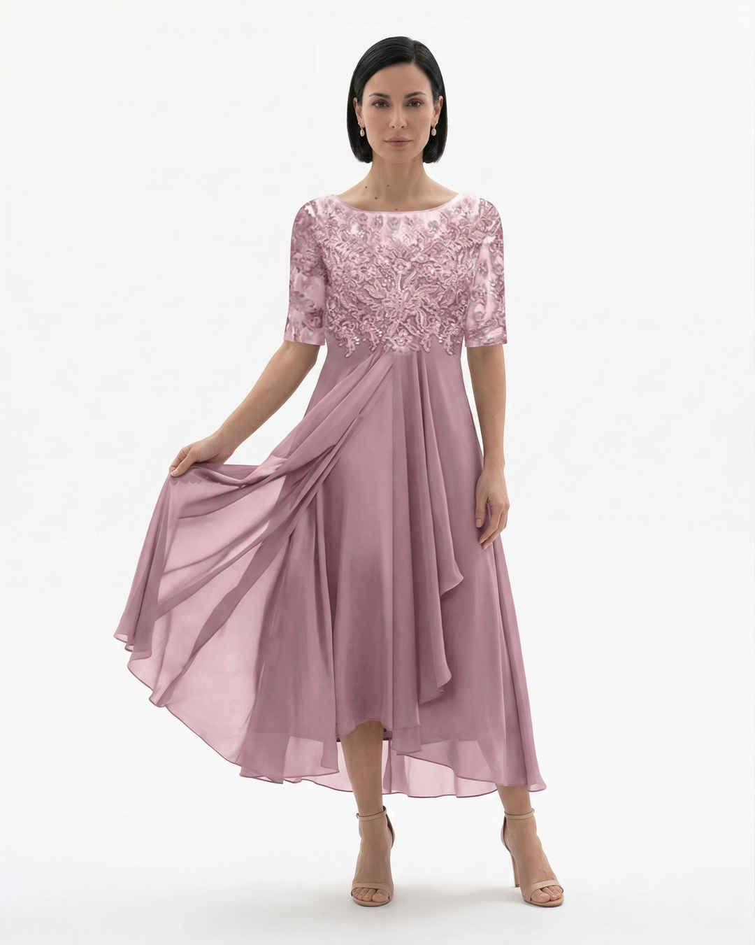 Elise Mode Kant Chiffon Midi Jurk in Pink