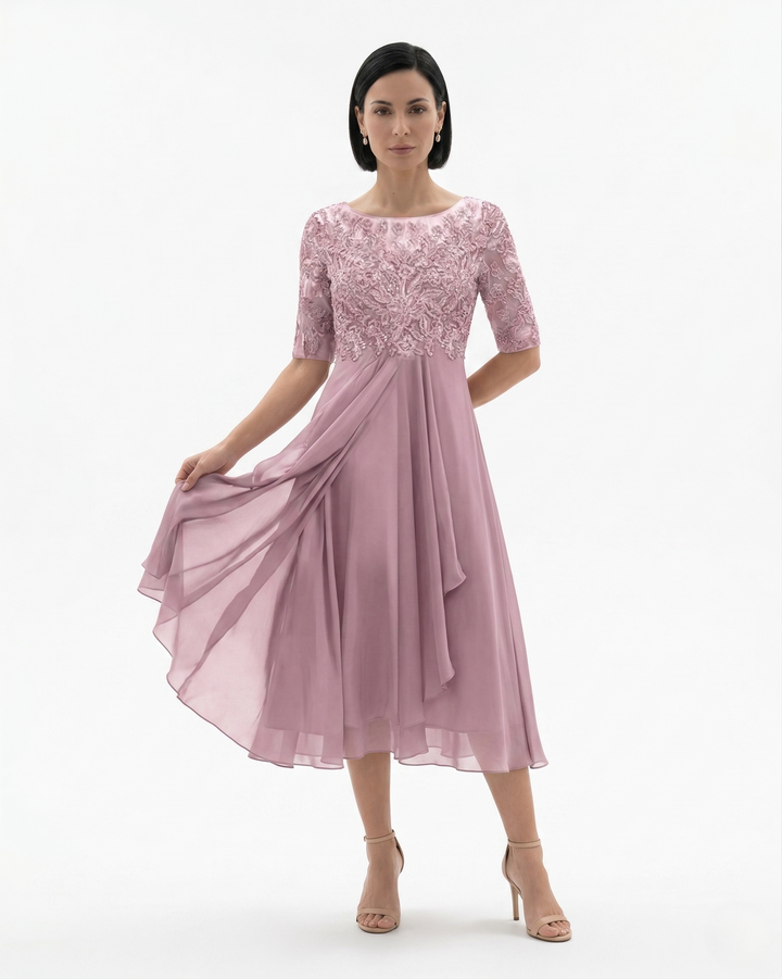Elise Mode Kant Chiffon Midi Jurk