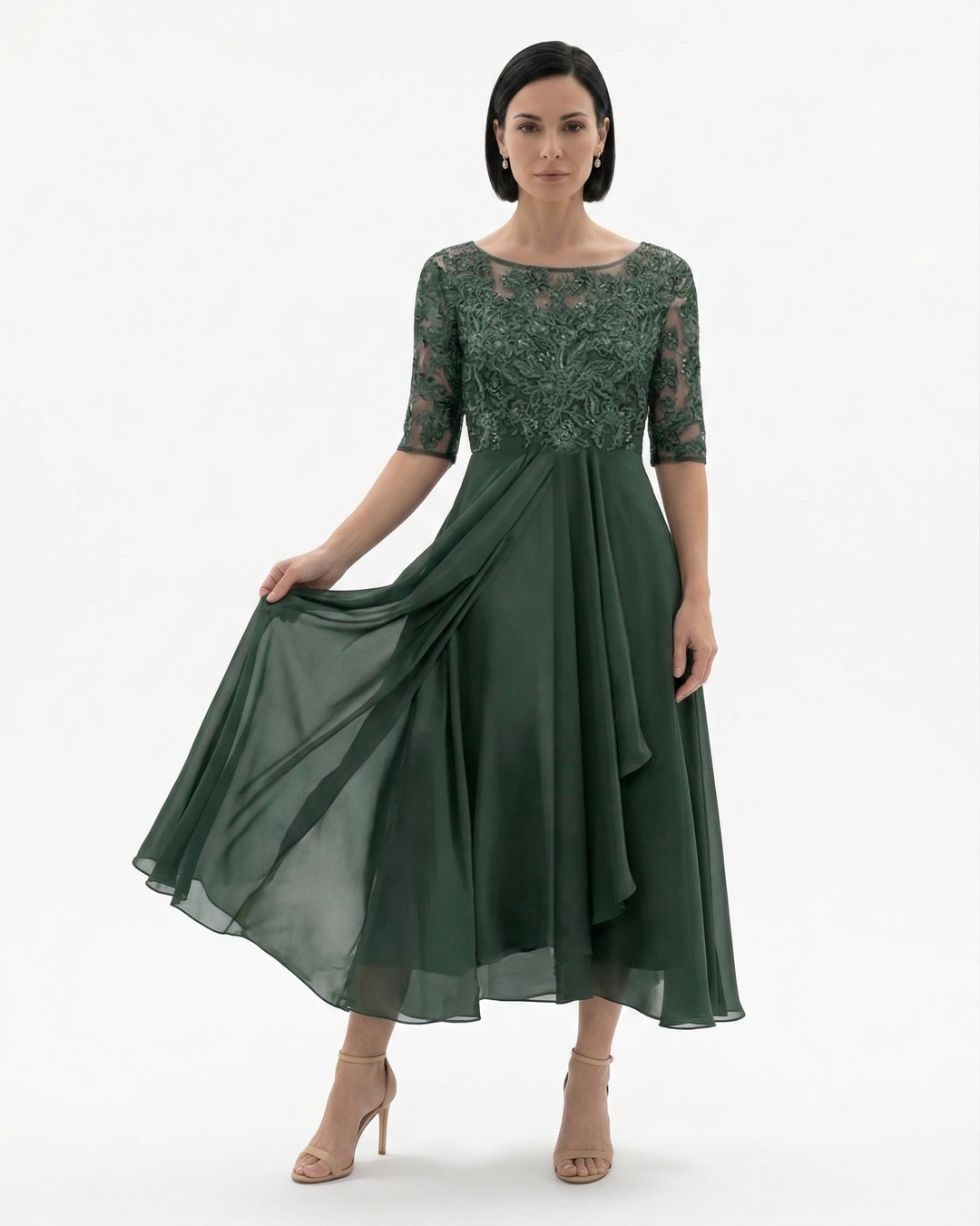 Elise Mode Kant Chiffon Midi Jurk in Green