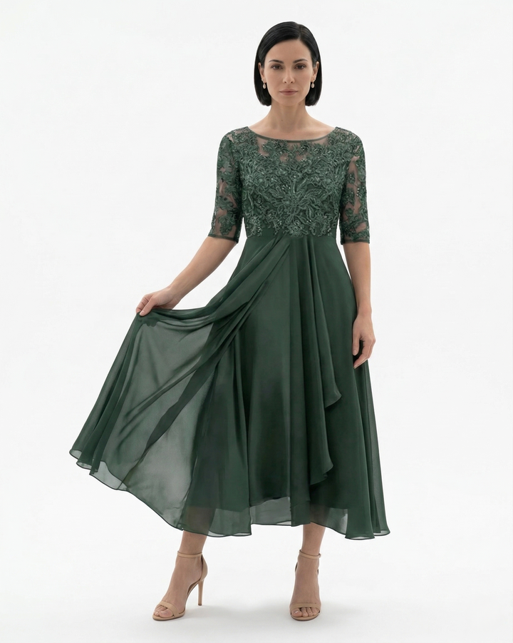 Elise Mode Kant Chiffon Midi Jurk in Green