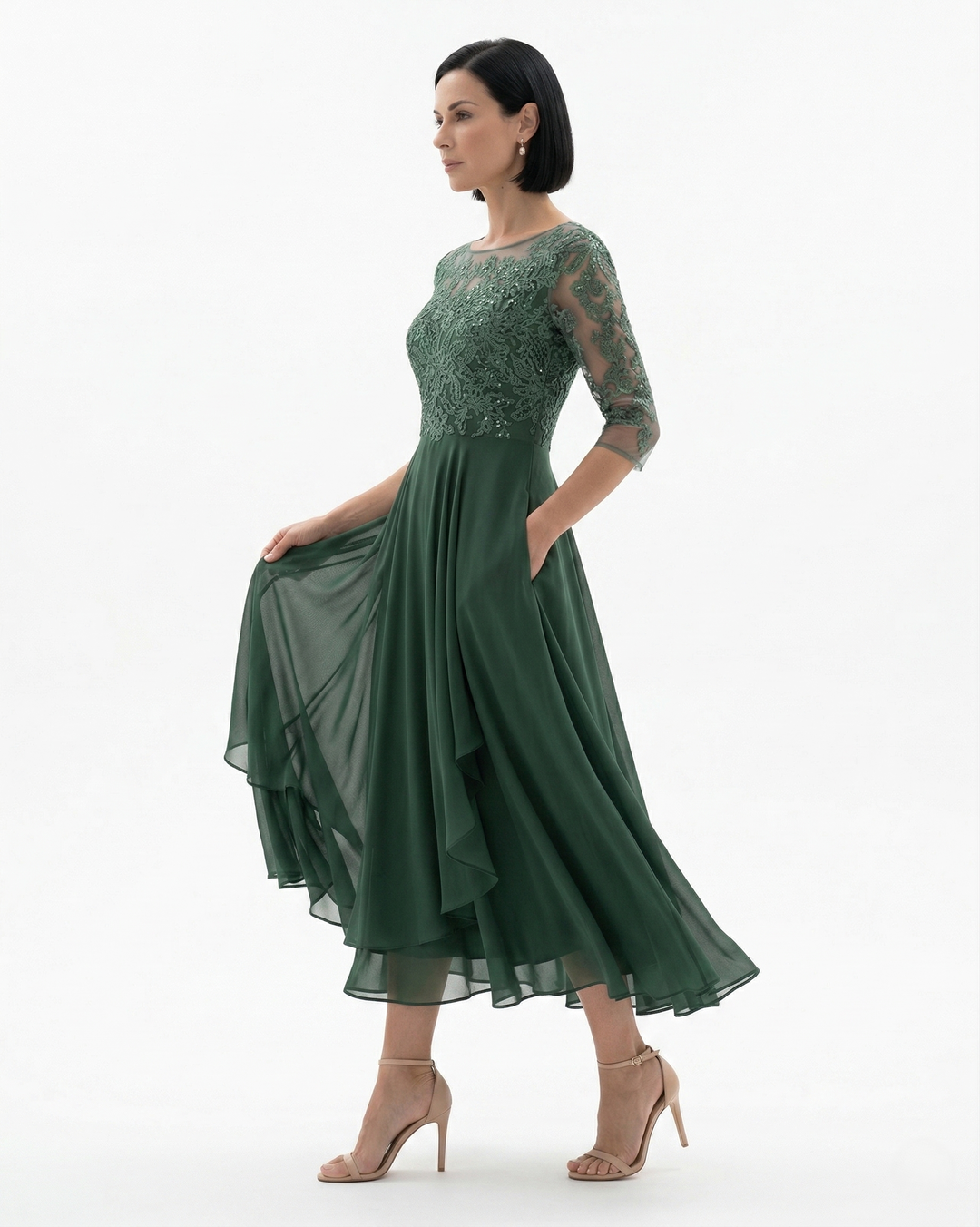 Elise Mode Kant Chiffon Midi Jurk