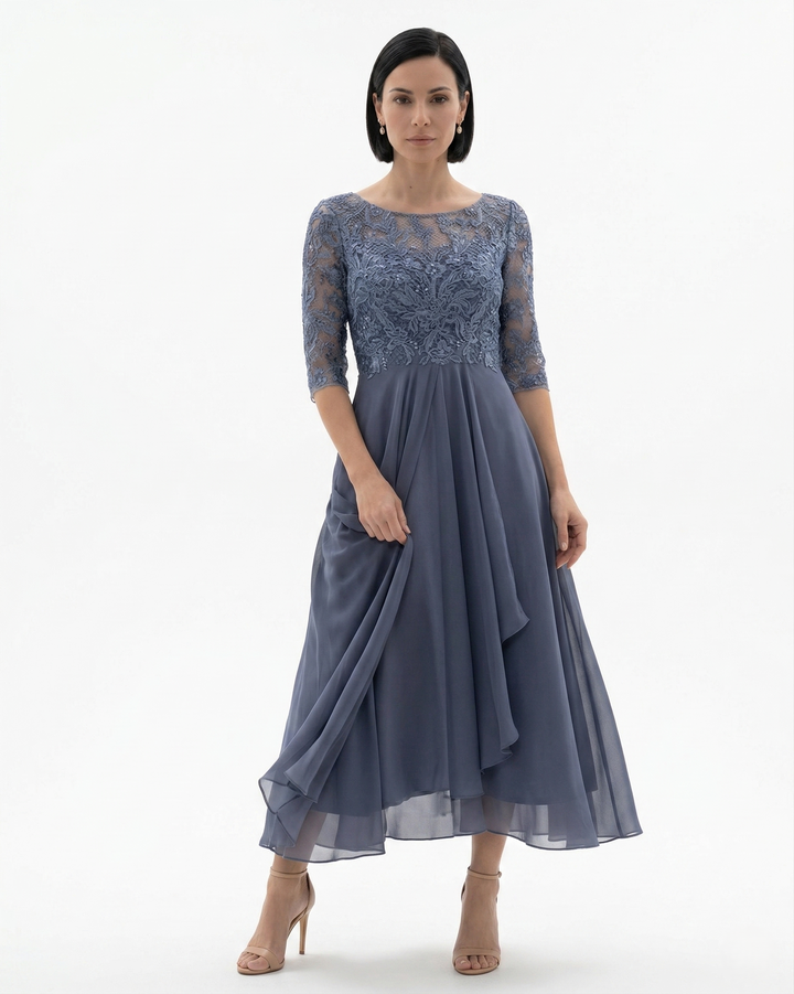 Elise Mode Kant Chiffon Midi Jurk in Purple