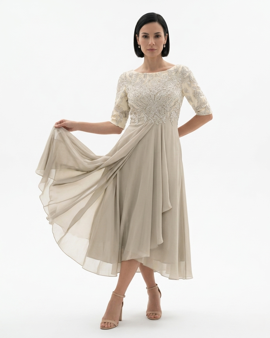 Elise Mode Kant Chiffon Midi Jurk in Cream