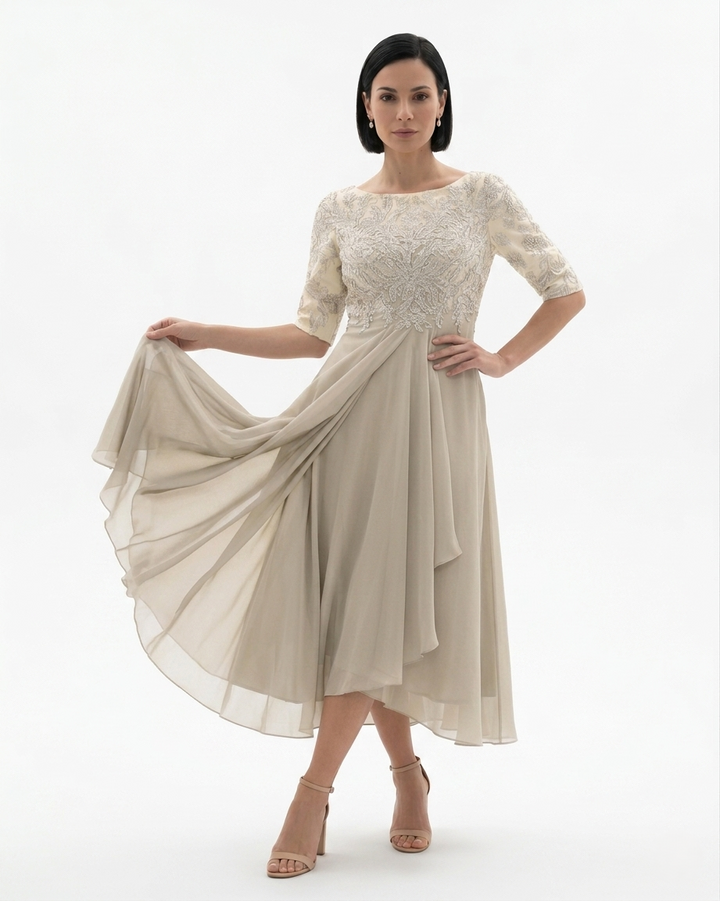 Elise Mode Kant Chiffon Midi Jurk