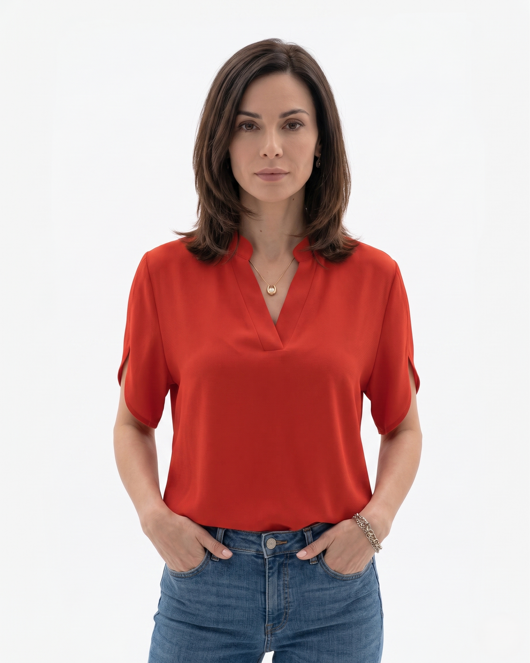 Elise Mode Dames Crêpe Blouse Vloeiend in Rood