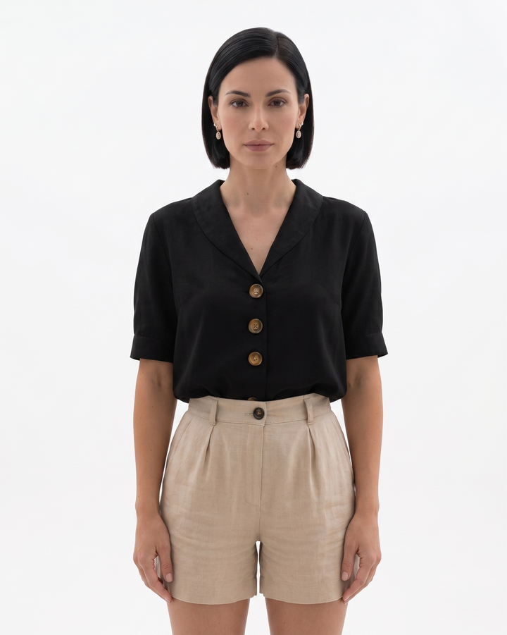 Elise Mode Dames Linnen Blouse Relaxed Fit in Zwart