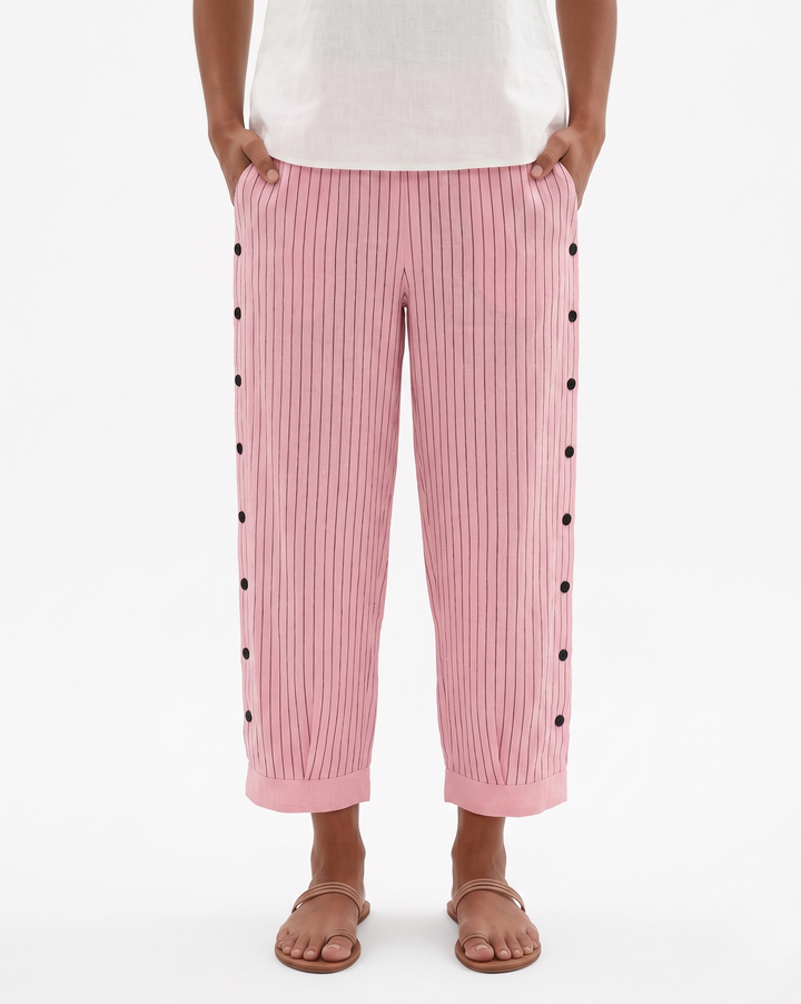 EliseMode Dames Gestreepte Broek Katoen Zakken in Roze
