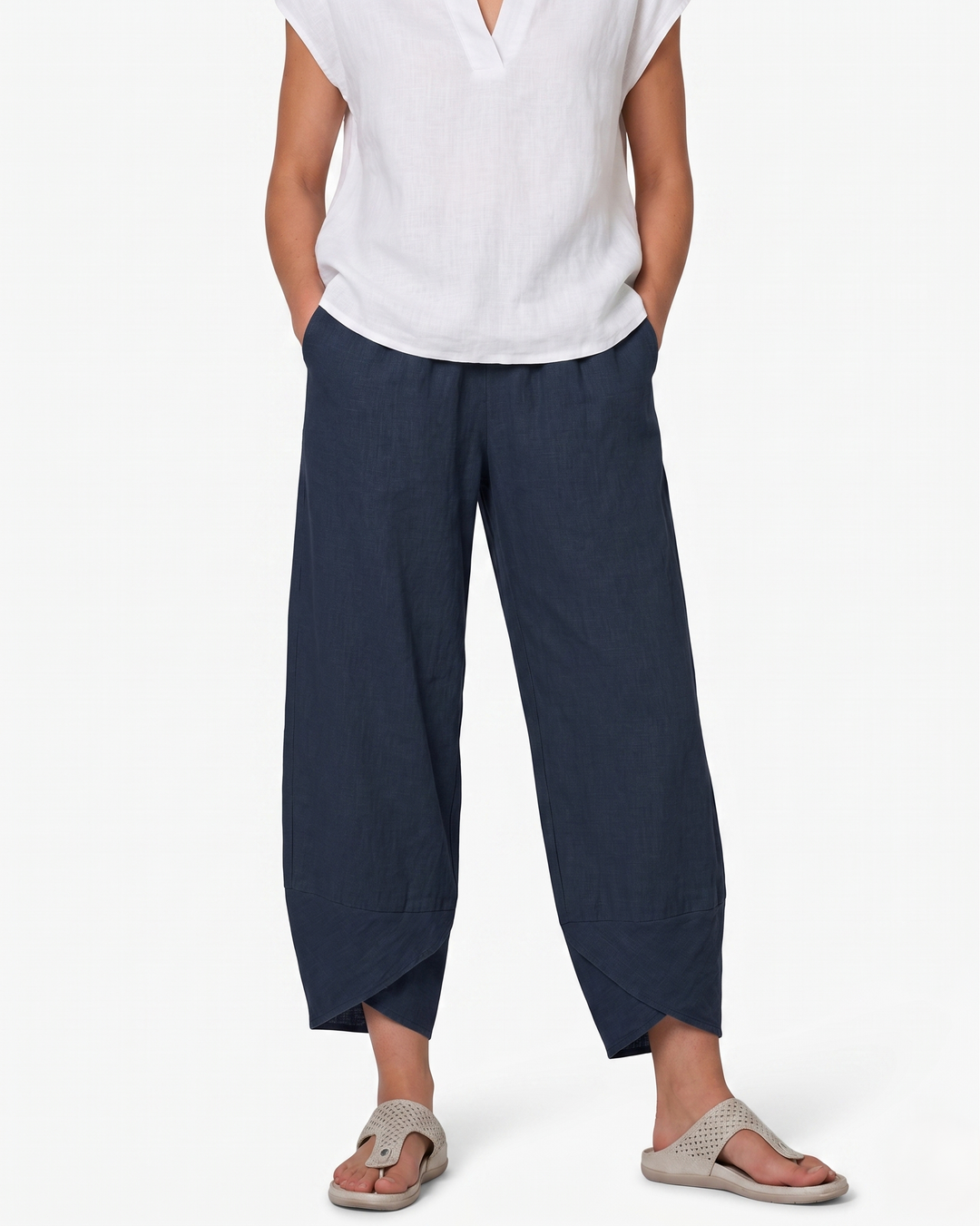 EliseMode Dames Wijde Broek Relaxed Hoge Taille in Marineblauw