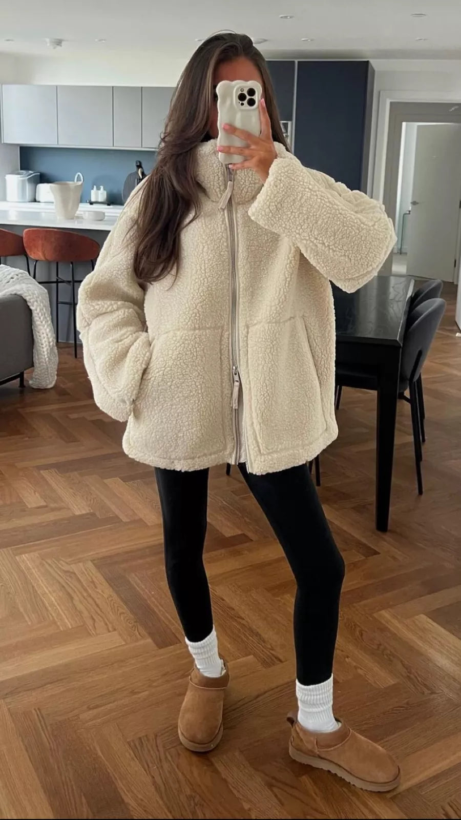 Elise Mode Dames Oversized Teddy Jas met Rits in Beige