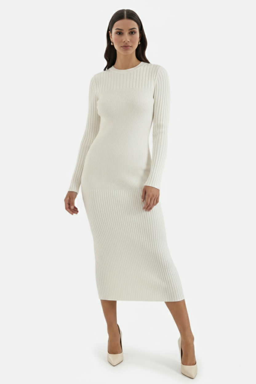 Elise Mode Dames Gebreide Bodycon Midi Jurk in Wit