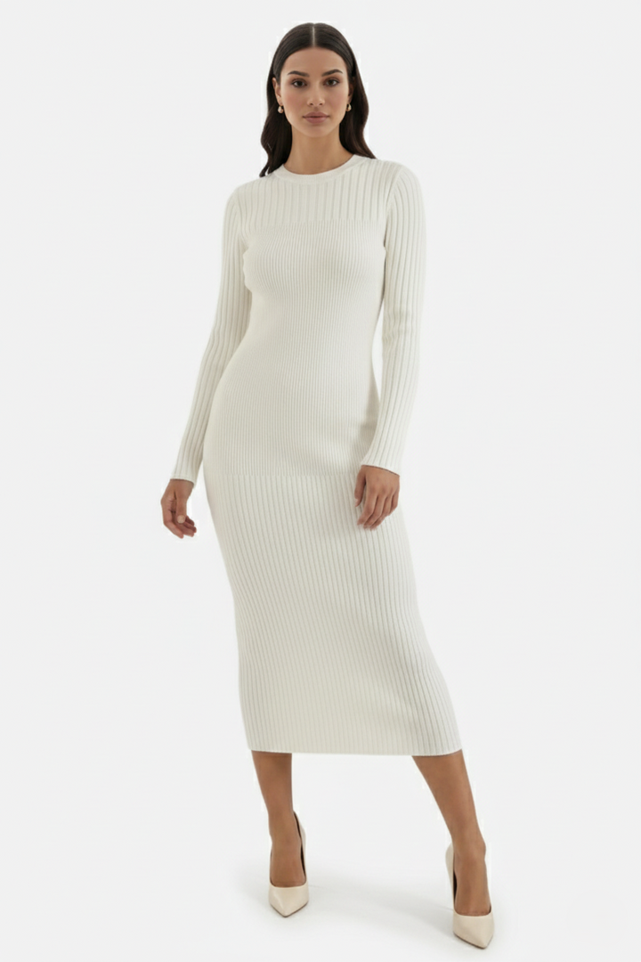 Elise Mode Dames Gebreide Bodycon Midi Jurk in Wit
