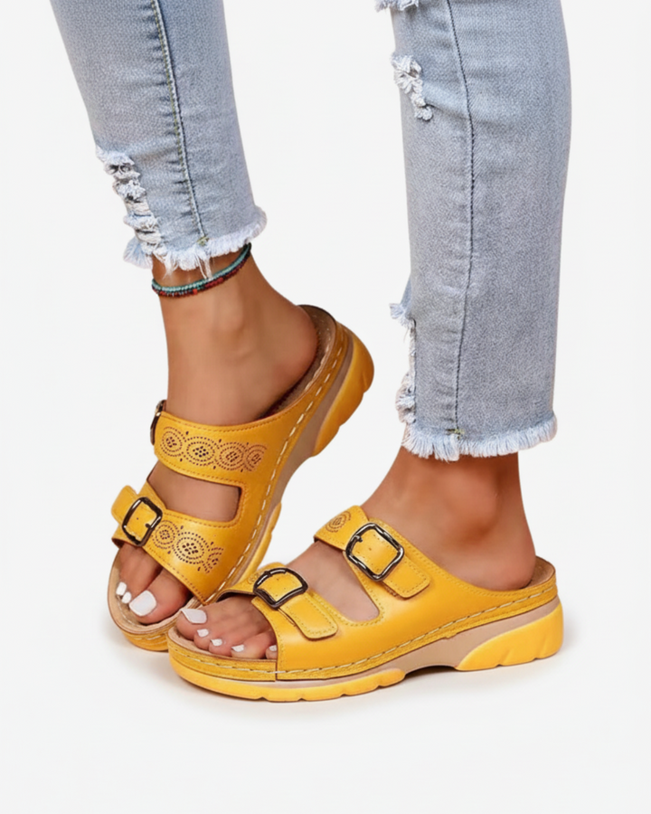 EliseMode Dames Lage Sleehak Slippers Dubbele Gesp in Geel