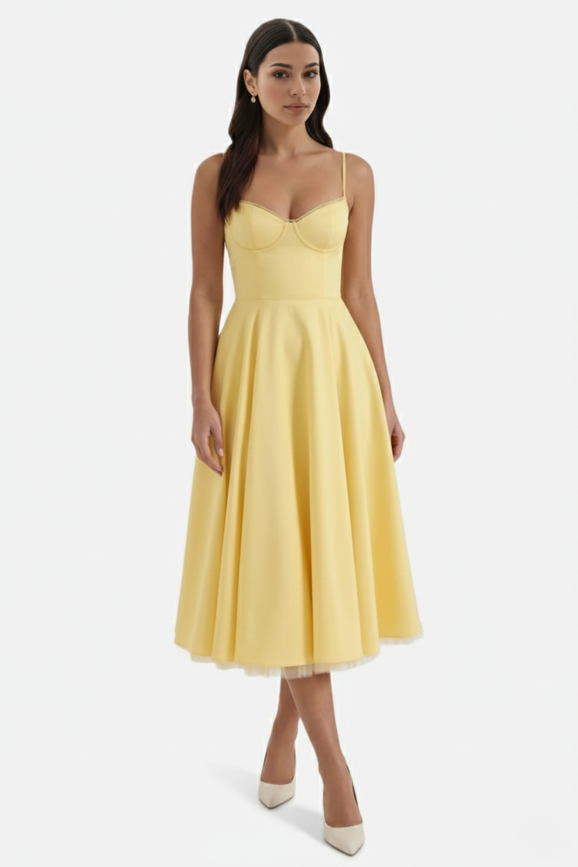 Elise Mode Bustier Midi Jurk in Yellow