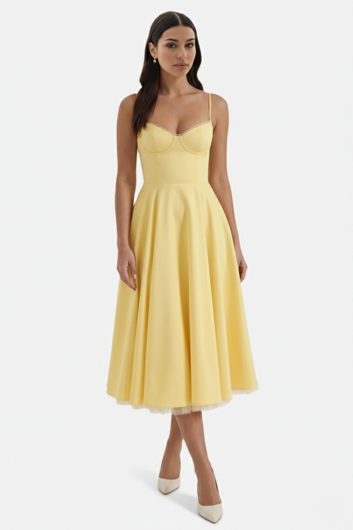 Elise Mode Bustier Midi Jurk in Yellow