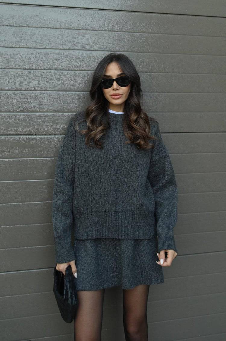 Elise Mode Dames Oversized Gebreide Set met Minirok in Grijs