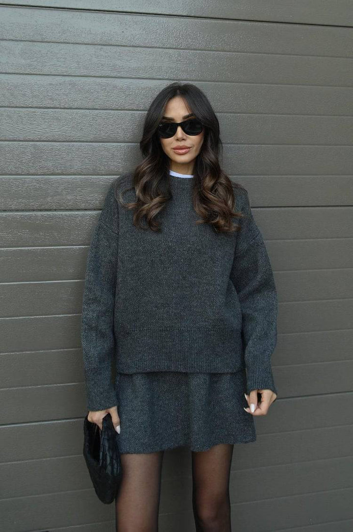 Elise Mode Dames Oversized Gebreide Set met Minirok in Grijs