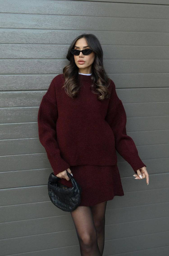 Elise Mode Dames Oversized Gebreide Set met Minirok in Bordeaux