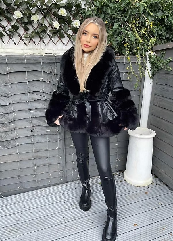 Elise Mode Dames Leren-Look Parka met Bontkraag