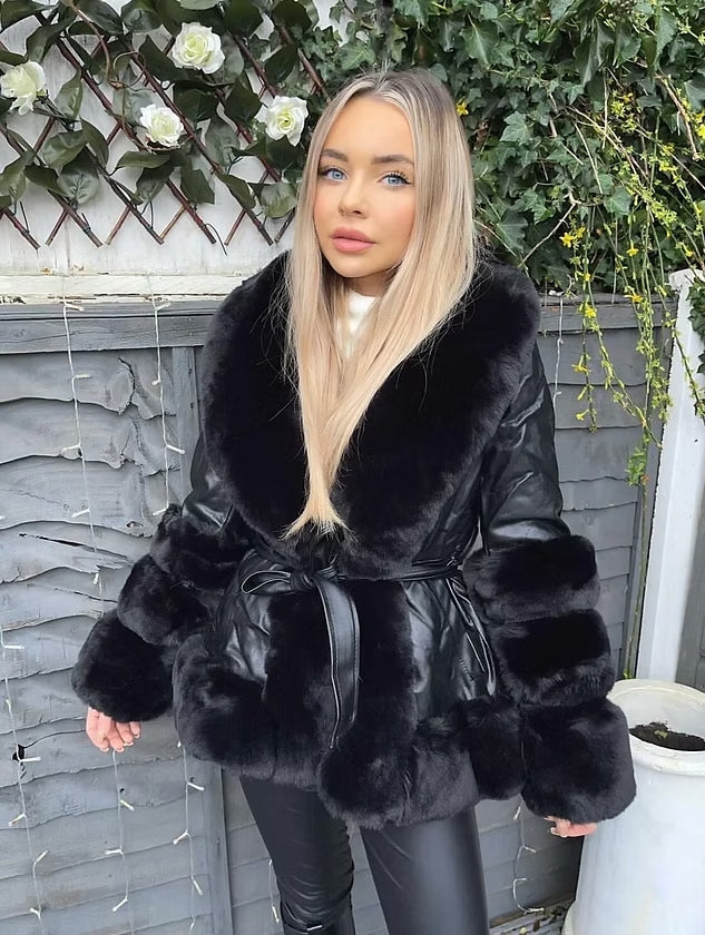 Elise Mode Dames Leren-Look Parka met Bontkraag in Zwart