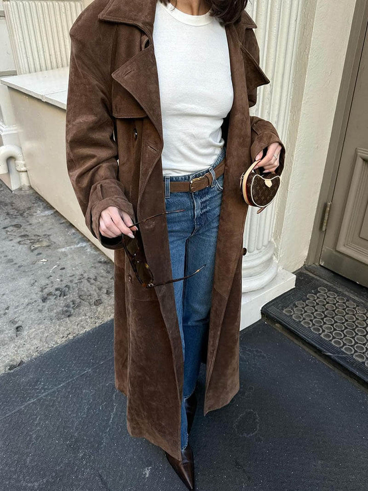 Elise Mode Dames Suède Trenchcoat met Ceintuur