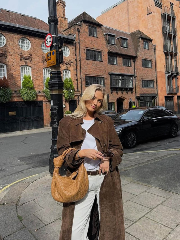 Elise Mode Dames Suède Trenchcoat met Ceintuur in Bruin