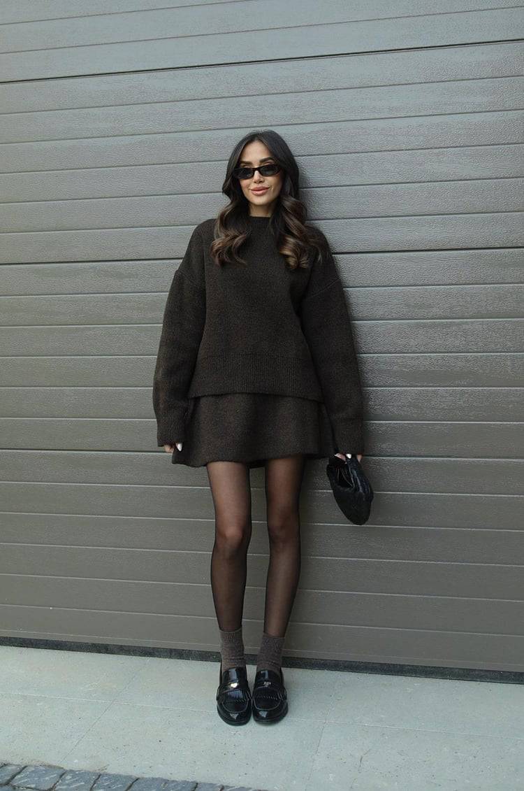 Elise Mode Dames Oversized Gebreide Set met Minirok