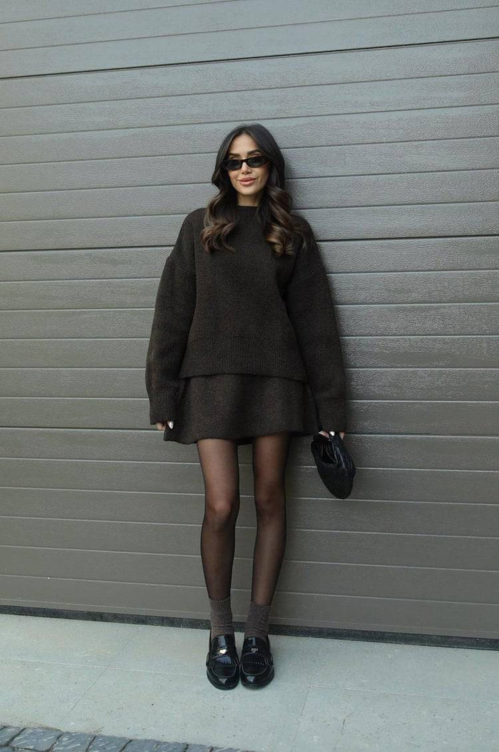 Elise Mode Dames Oversized Gebreide Set met Minirok