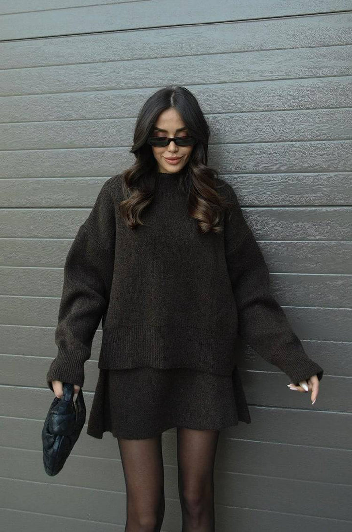 Elise Mode Dames Oversized Gebreide Set met Minirok in Bruin