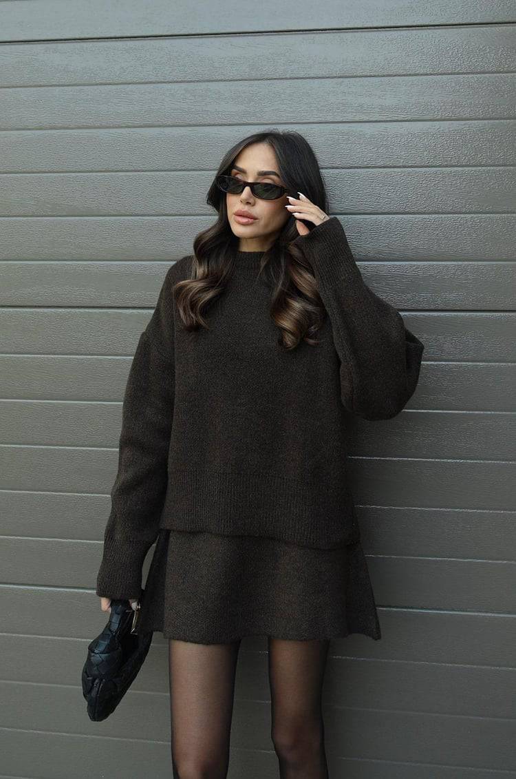 Elise Mode Dames Oversized Gebreide Set met Minirok