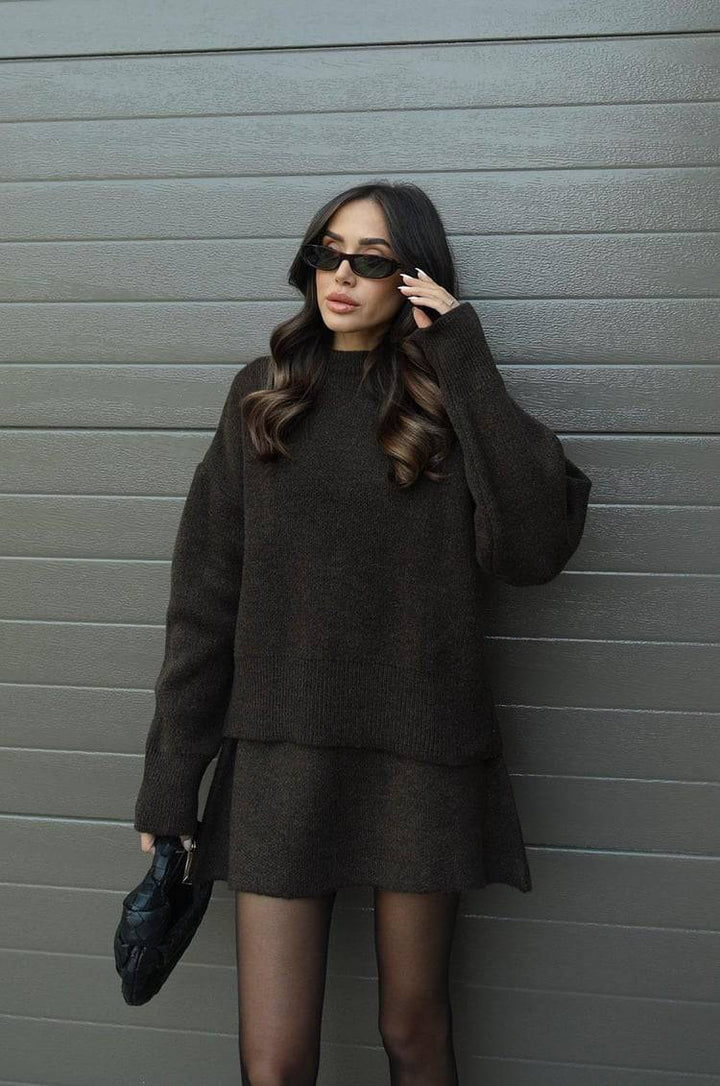 Elise Mode Dames Oversized Gebreide Set met Minirok