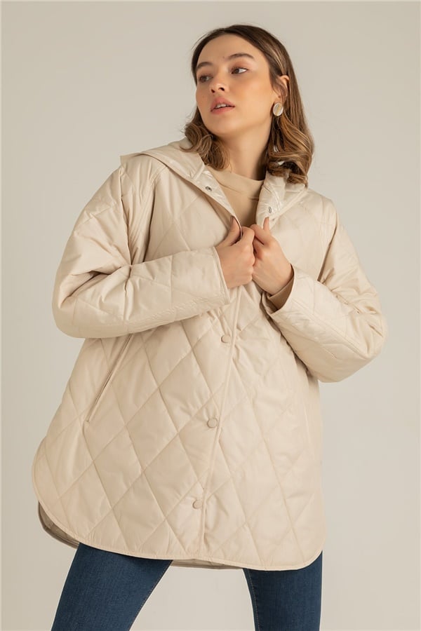 Elise Mode Dames Gewatteerde Jas met Capuchon in Beige