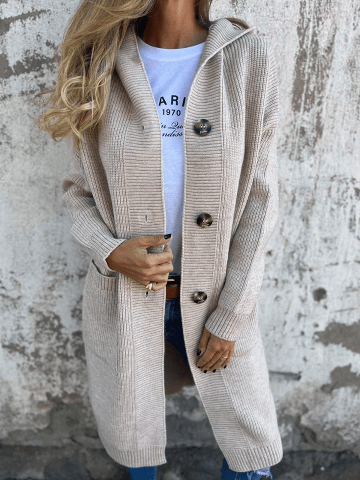 Elise Mode Dames Lang Gebreid Vest met Capuchon in Beige