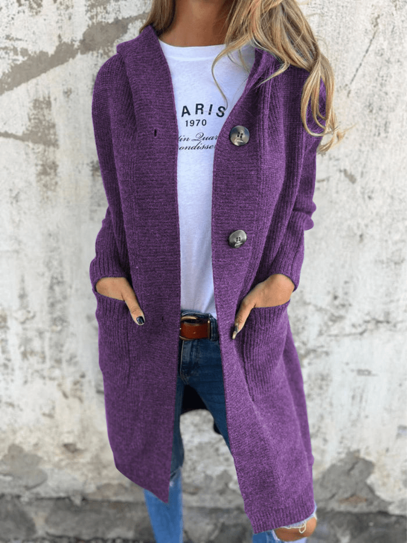 Elise Mode Dames Lang Gebreid Vest met Capuchon in Paars