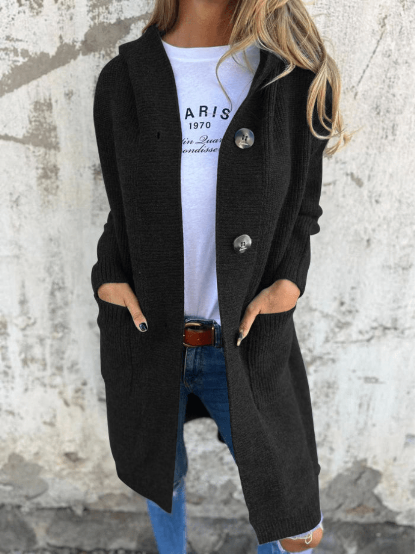 Elise Mode Dames Lang Gebreid Vest met Capuchon in Zwart