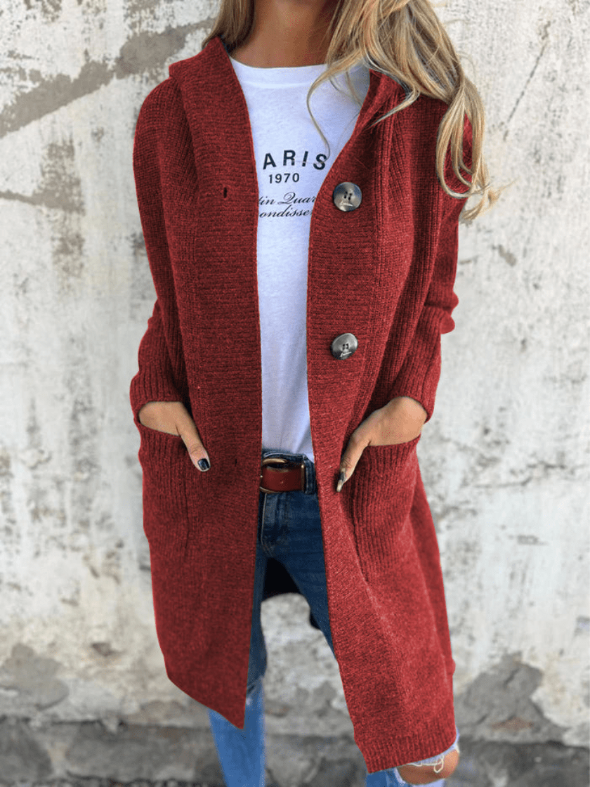 Elise Mode Dames Lang Gebreid Vest met Capuchon in Rood